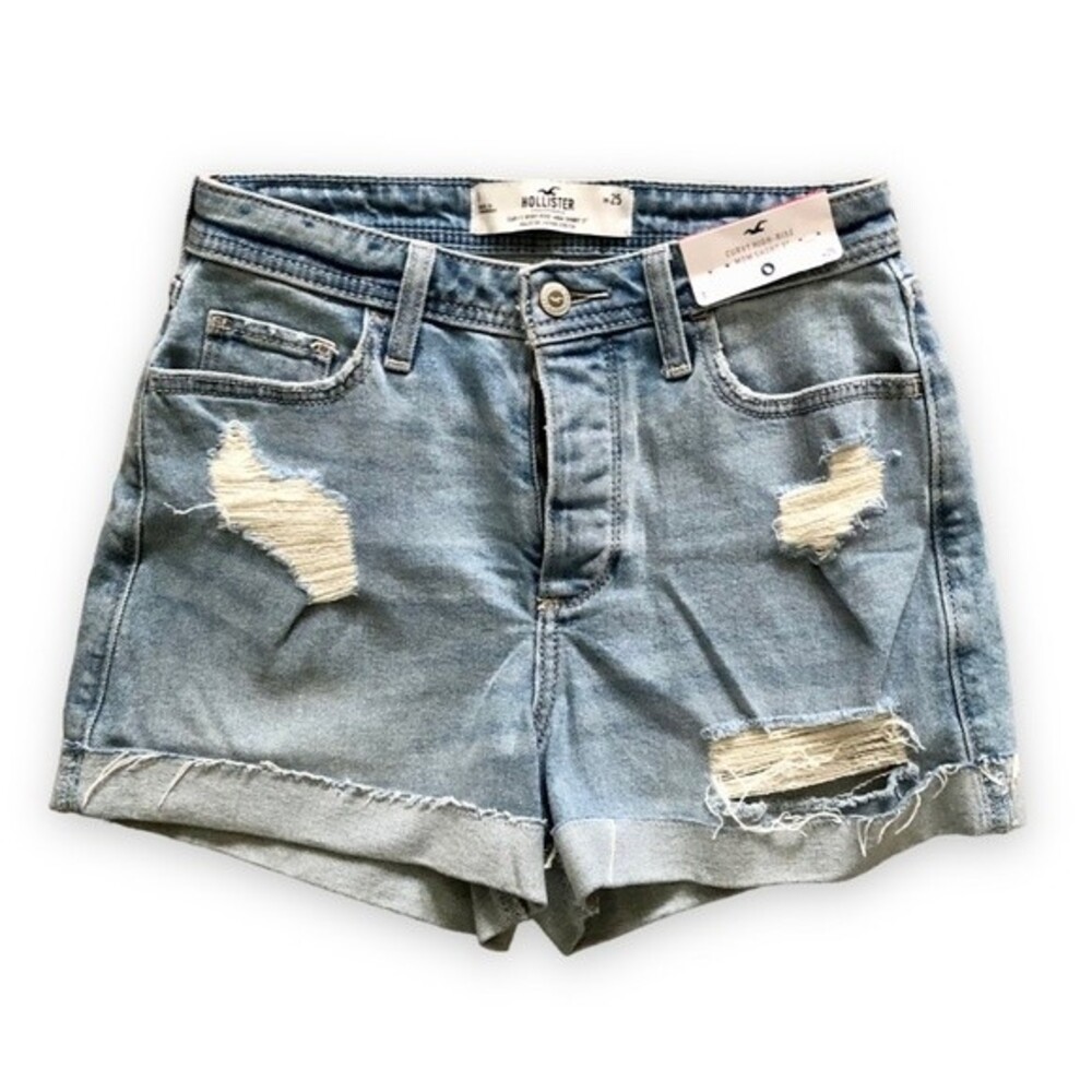 Hollister Curvy High Rise Mom Shorts 3" Distressed Light Wash Button Fly NWT 25
